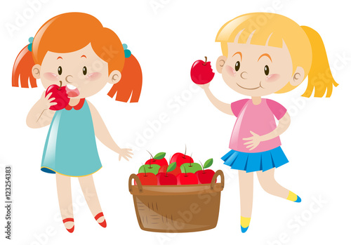 Two girls eating red apples