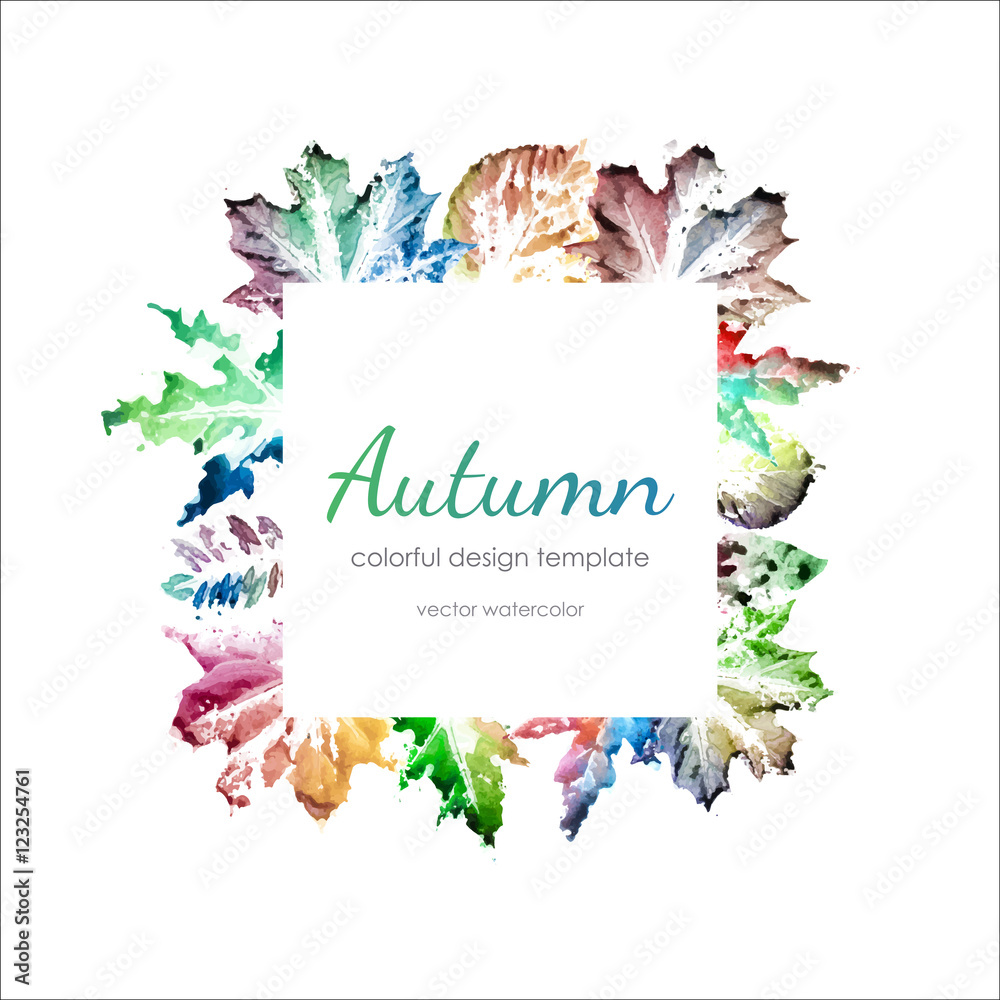 Watercolor autumn leaves design template with copy space. Natural watercolor leaf prints. Colorful watercolor autumn frame.