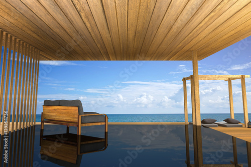 3D rendering : illustration of modern wooden sofa interior decoration at balcony outdoor wooden room style with Sundeck on Sea view for vacation and summer /best living concept