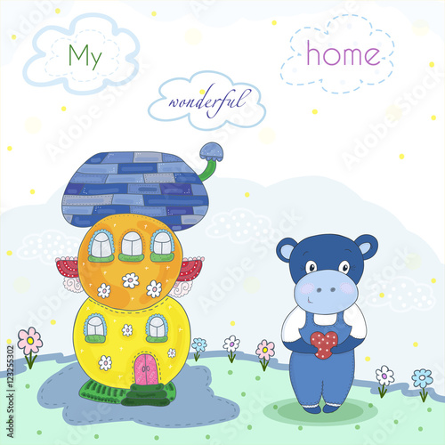 Fairytale colorful cute houses and hippo in cartoon style. Magic land. Vector hand drawn illustration. Printable template.