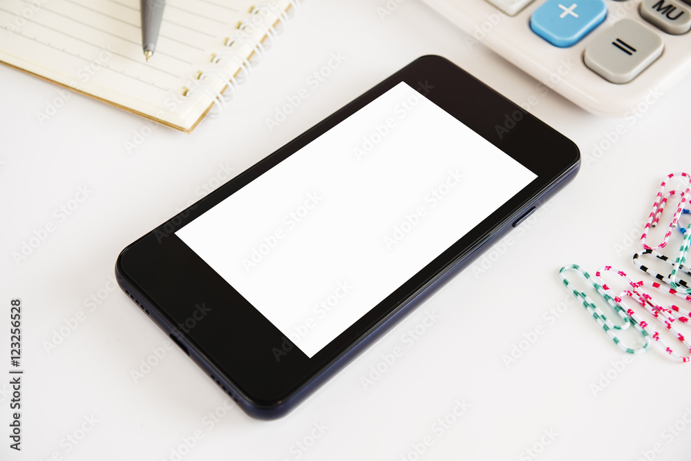 Fototapeta premium Smart phone mobile white screen on white background