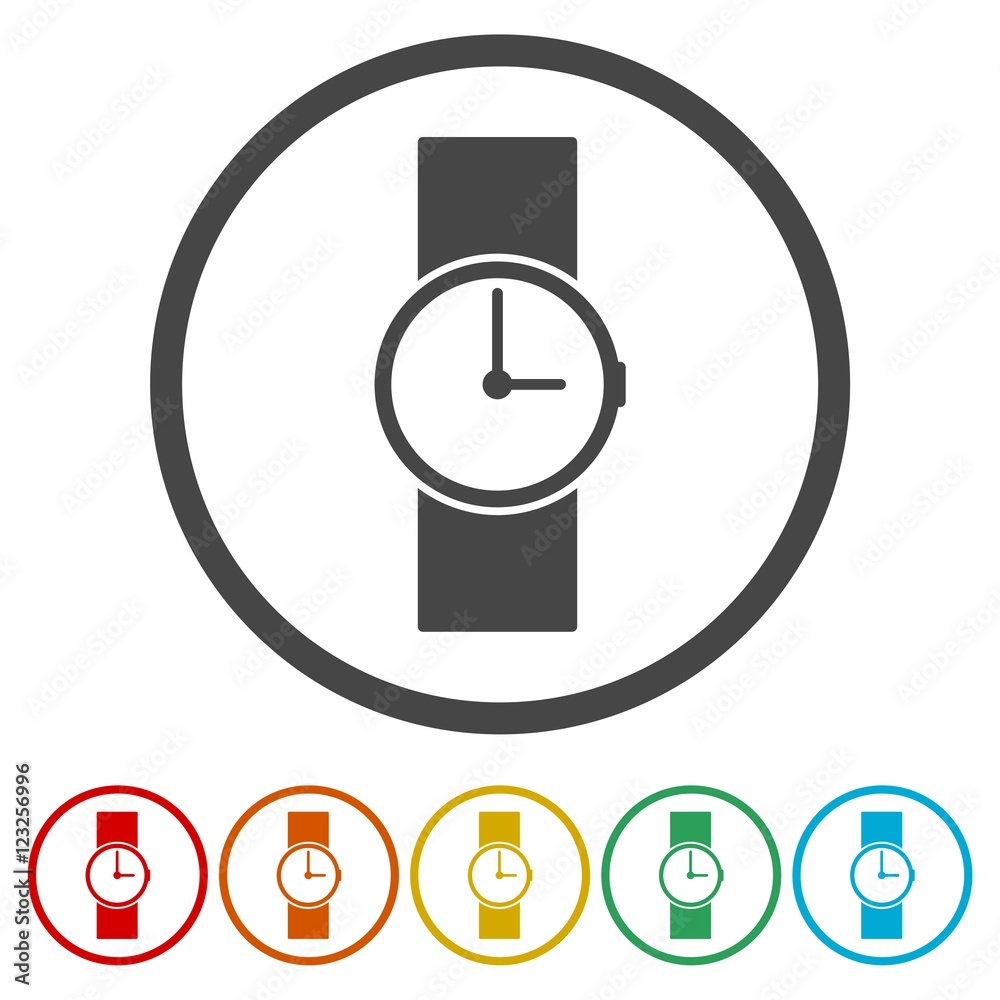 The watch icon. Clock and wristwatch, timer, time, stopwatch symbol. Flat illustration The watch icon. Clock and wristwatch, timer, time, stopwatch symbol. Flat illustration