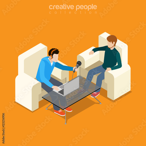Flat isometric interview correspondent man vector hot news 3d.