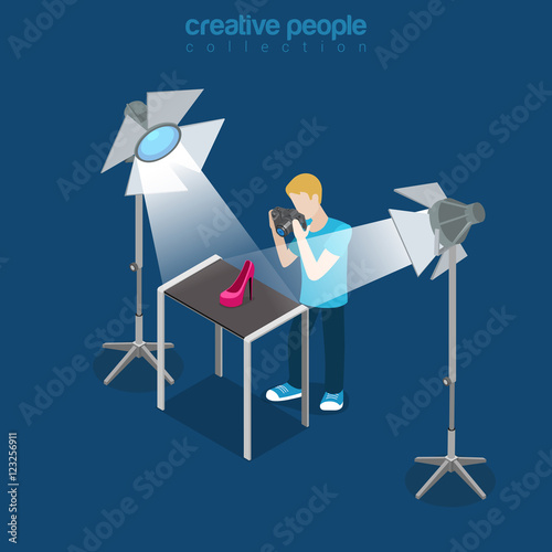 Flat isometric photographer shoot shoe studio vector. 3d.