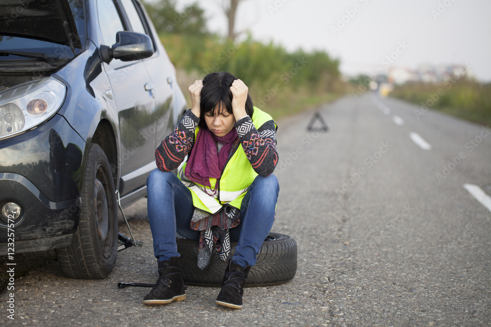 woman car broke down on the empty road woman car broke down on the empty road