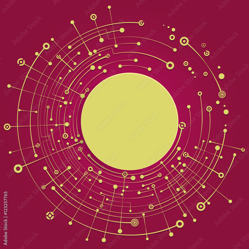 Obraz premium Colorful background. Round banner. Empty space for text. Crossing the gold dots, circles, lines, symbols. The chaotic motion. Theme of medicine, science, technology, global communications. 