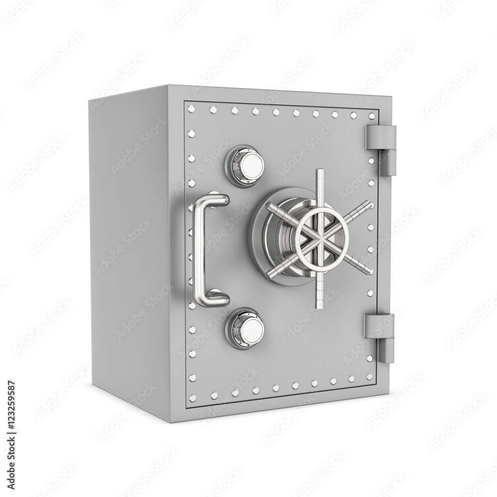 Rendering of steel safe box, isolated on white background