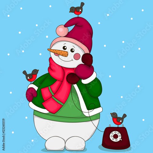 Snowman with bullfinches talking on a vintage telephone. Vector illustration, isolated object ,white background.