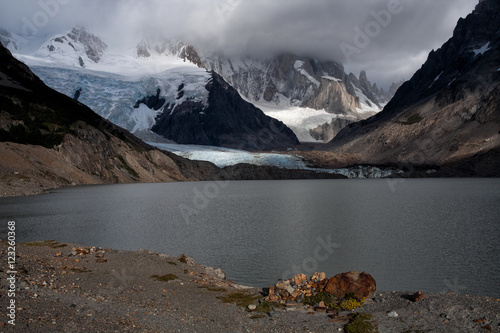 Mountain lake on a background of the glacier. Lake Laguna Torre. Patagonia. Argentina.