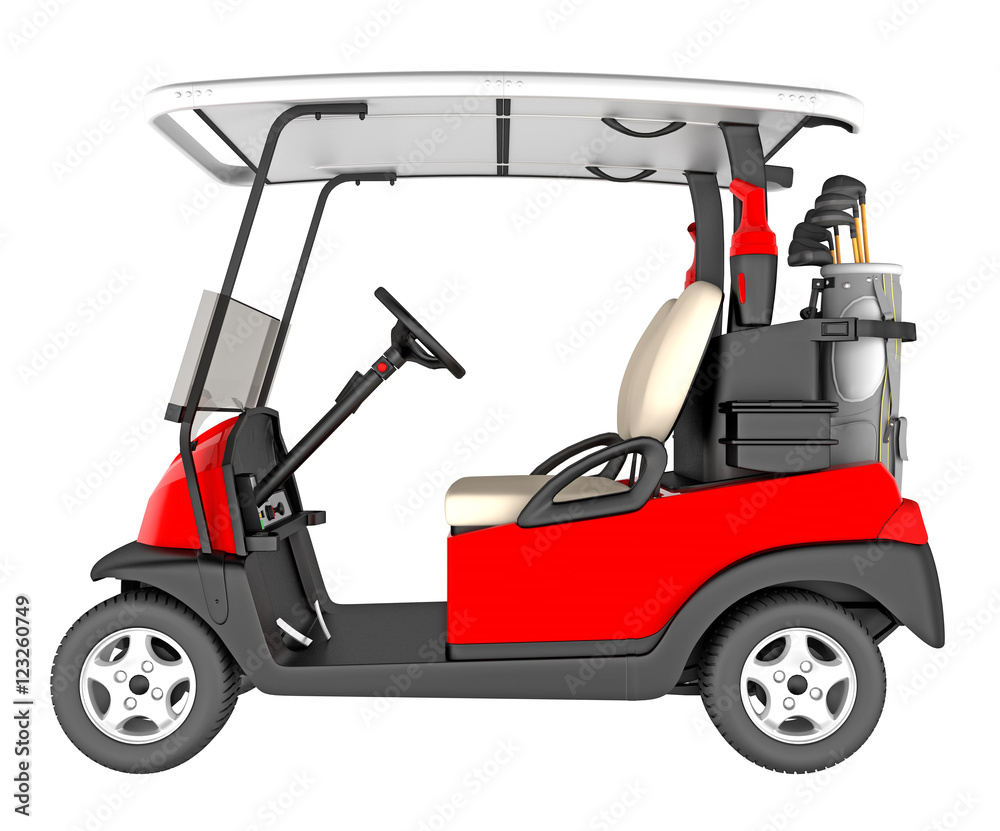 Golf car side view isolated on white. 3D rendering