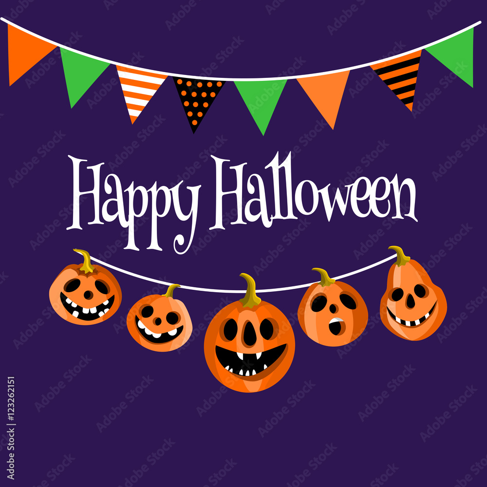 Pumpkin lanterns with flags, Halloween greeting, invitation card, vector illustration