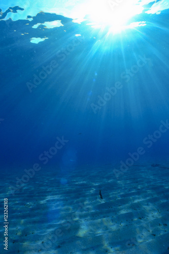 Underwater scene with sand and sunlight