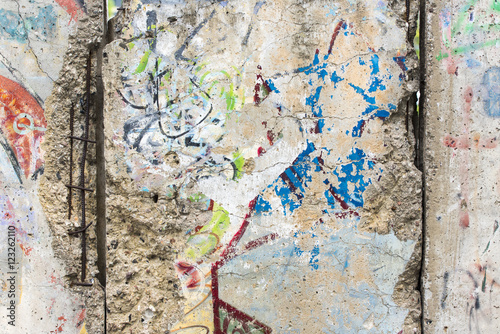 Close-up part of Berlin Wall. View from the West Berlin side of graffiti art on the Wall