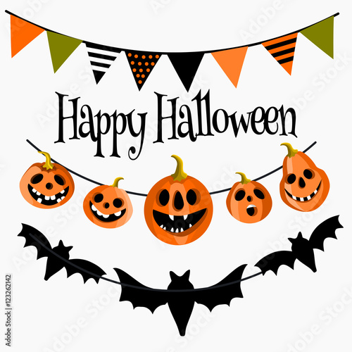 Happy Halloween greeting card with garlands, pumpkins and bats. Vector illustration