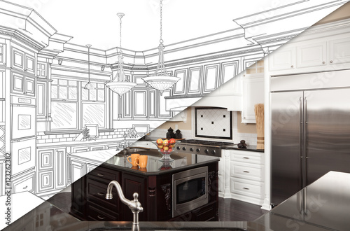 Diagonal Split Screen Of Drawing and Photo of New Kitchen
