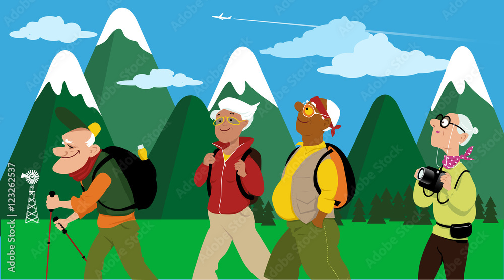 Group of middle aged and elderly people hiking, mountain landscape on the background, EPS 8 vector illustration, no transparencies 