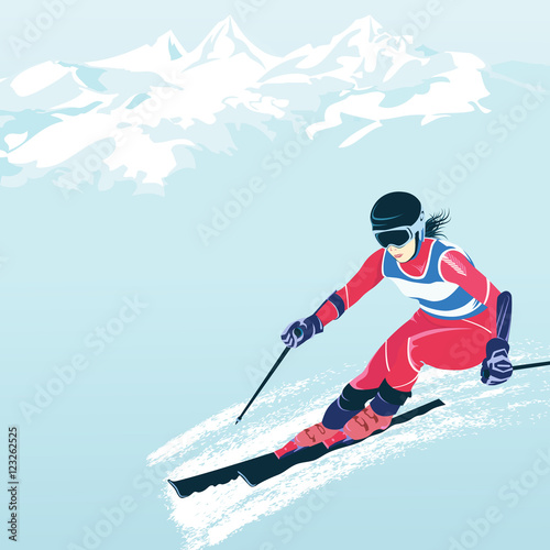 Skiing in the mountains. Illustration that promotes recreation, sports, tourism and travel. Colorful landscape with snow-covered hills and wild coniferous forest.