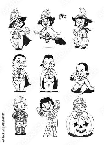 Happy Halloween. Kids in Halloween Costumes. Halloween Coloring Book. Illustration for children vector cartoon characters isolated on white background