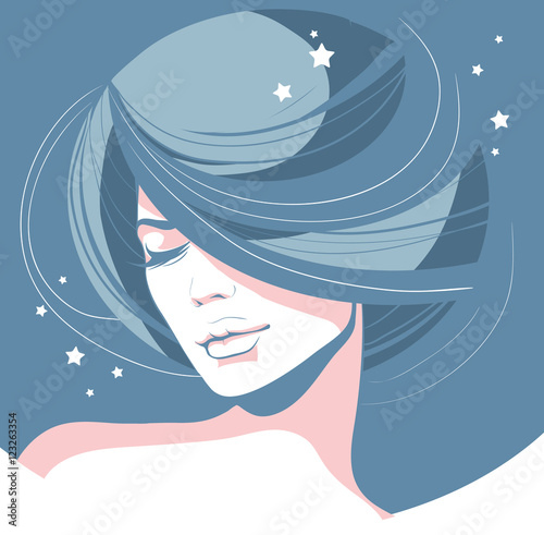 romantic girl with closed eyes fluffy hair on a blue background with scattered stars