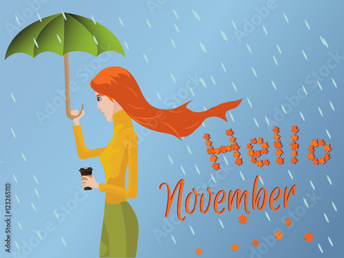 greeting card. Hello November. Auburn beautiful girl with a coffee is under a green umbrella