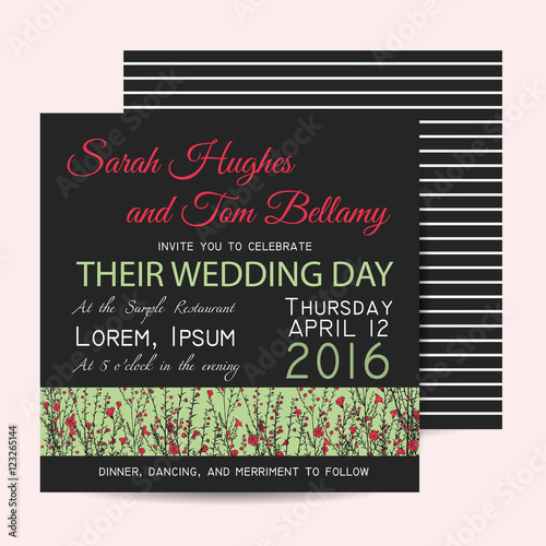 Wedding invitation with striped background and hand drawn branch of flax