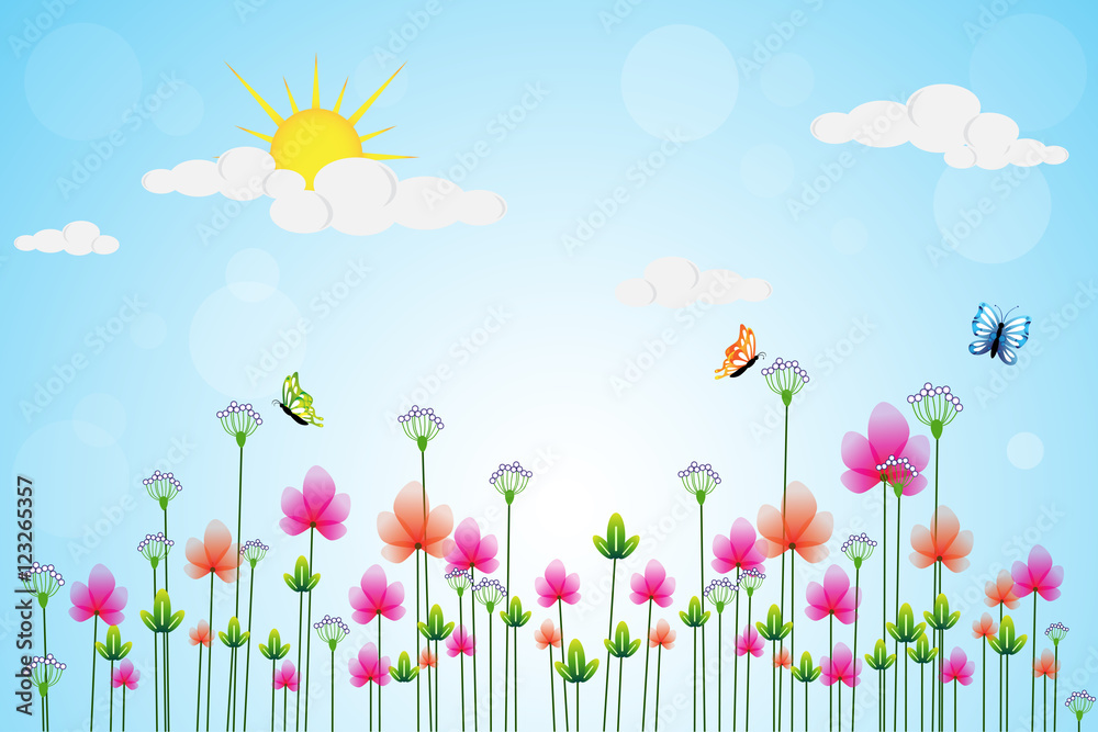Flying butterflies and colorful flowers field vector illustration