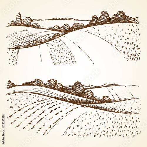 Set with hand drawn nature landscape illustrations