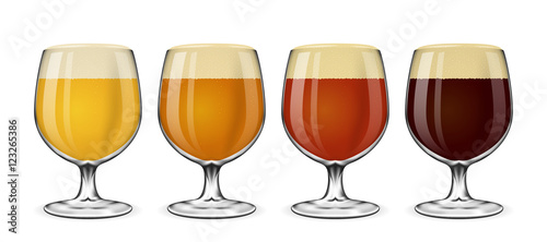 Beer glass vector set. Lager and ale, amber stout glasses on white