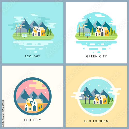 Eco city set. Alternative energy concept