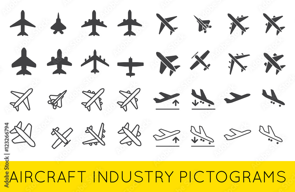 Fototapeta Ikony samolotów lub samolotów zestaw kolekcja sylwetka wektor