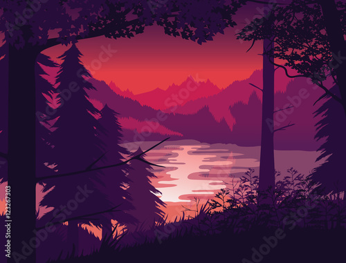 A high quality background of landscape with river, forest and mountains. Sunset on a background of a mountain landscape. Flat style.