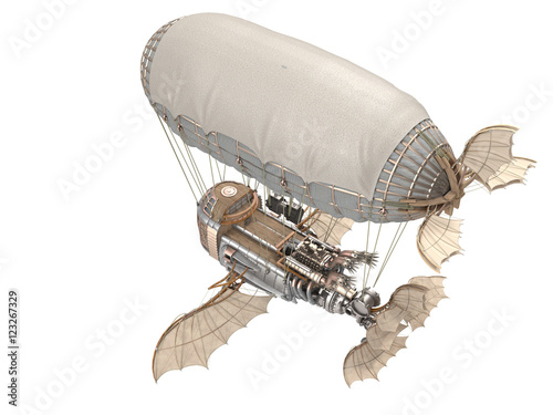 3d illustration of a fantasy airship in steampunk style on isolated white background