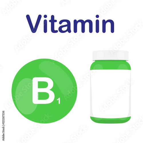 Vitamin B1 B 1 with bottle of pills tablets capsules. Red circle. Isolated icon. Vector illustration