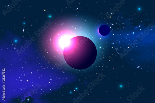 Vector Cosmology Illustration with Universe, Galaxy, Sun, Planet