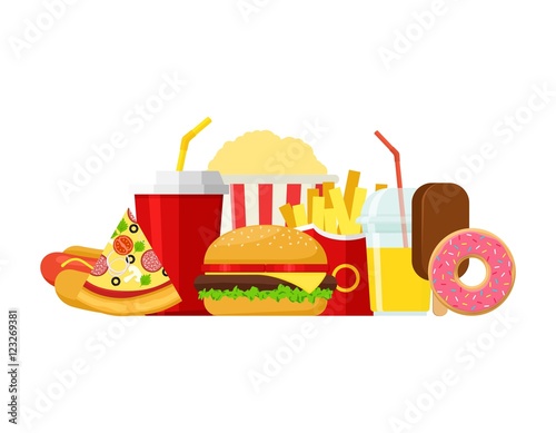 Colorful Fast food vector isolated on white background. Fast food hamburger dinner and restaurant, tasty set fast food many meal and unhealthy fast food classic nutrition in flat style.