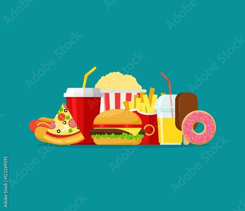 Colorful Fast food vector isolated on background. Fast food hamburger dinner and restaurant, tasty set fast food many meal and unhealthy fast food classic nutrition in flat style.