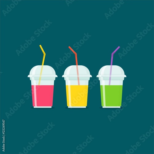 Fruit smoothies in plastic cups isolated on dark background. Smoothies healthy juice fresh diet. Smoothie to go plastic cup with different fruits smoothies cocktail drink in flat style.