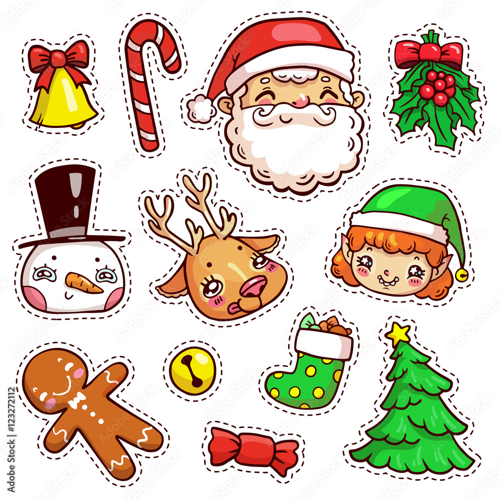 Colorful patch badges of different Merry Christmas attributes. Set of Happy New Year stickers, pins, magnets in cartoon comic style. Santa Claus, snowman, elf, deer, gingerbread man.