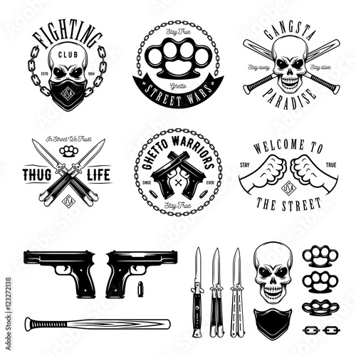 Gangster monochrome labels badges emblems and design elements set. Vintage vector illustration.