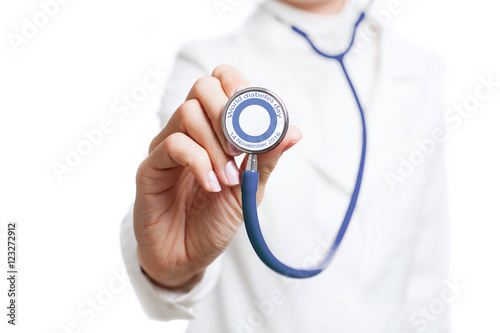 Doctor holding stethoscope with sign of World diabetes day. World diabetes day.