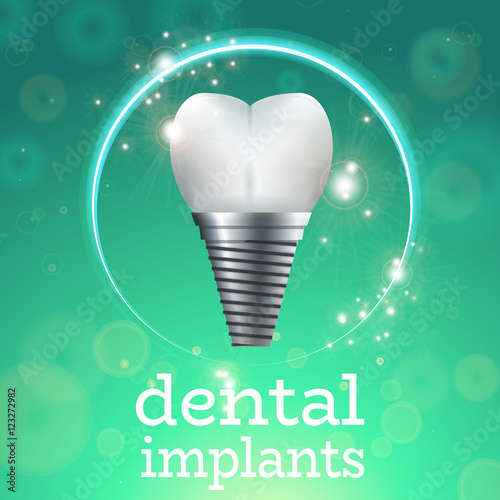 Dental Implant Logo Surgery Dentistry Vector Illustration. Medical Conception for Tooth Clinic.Sparkling Tooth Implant Clean Enamel on Green Blur Pattern.Implant Crown and Abudment for Dental Clinic
