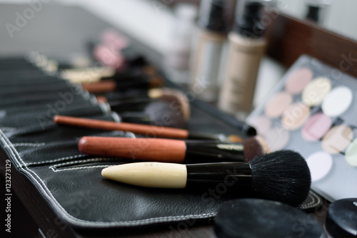 brushes for makeup in a special bag in background cosmetics