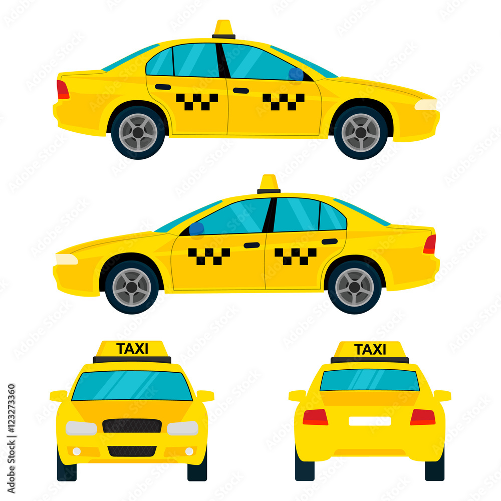 Vector taxi car, four views, top, side, back, front. Flat illustration icons. Isolated on white background