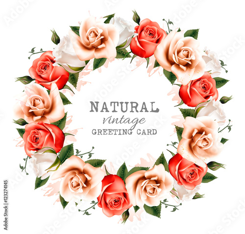 Natural vintage background with a wreath of roses. Vector.