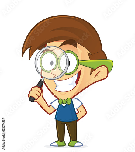 Nerd geek holding a magnifying glass