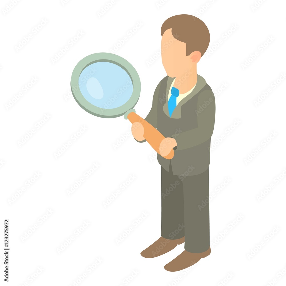 Businessman holding magnifying glass icon. Cartoon illustration of businessman holding magnifying glass vector icon for web