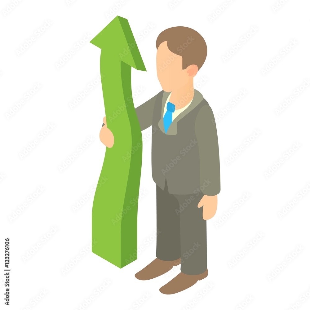 Business man holding green arrow up icon. Cartoon illustration of business man holding green arrow up vector icon for web Business man holding green arrow up icon. Cartoon illustration of business man holding green arrow up vector icon for web
