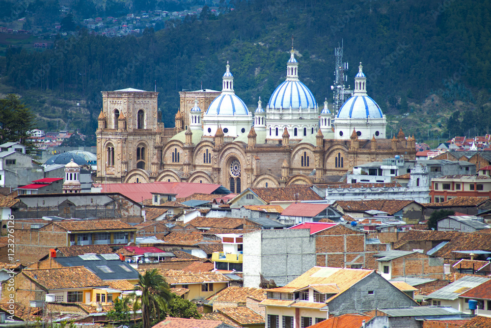 View of the Cuenca Cathedral, in middle of the city, on a overcast day