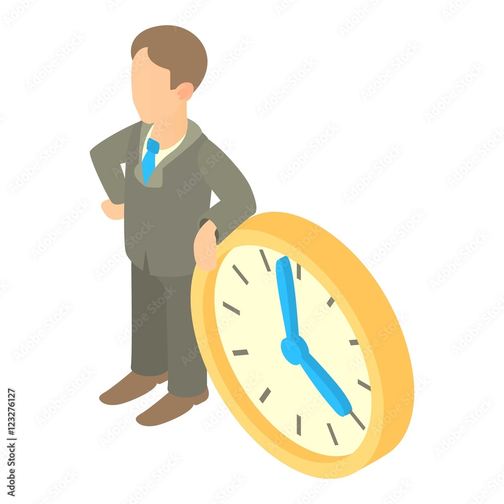 Businessman and clock showing 4 clock icon. Cartoon illustration of businessman and clock vector icon for web Businessman and clock showing 4 clock icon. Cartoon illustration of businessman and clock vector icon for web