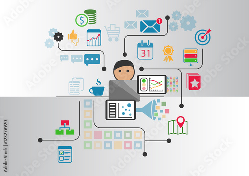 Big data, analytics and business intelligence concept. Cartoon person connected to data and information retrieved from the internet